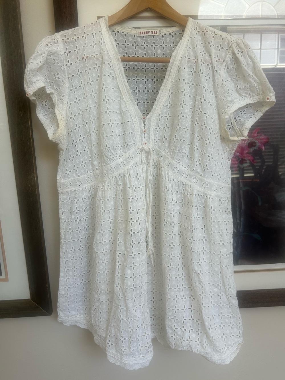 Johnny Was, White Eyelet Peasant Blouse, L